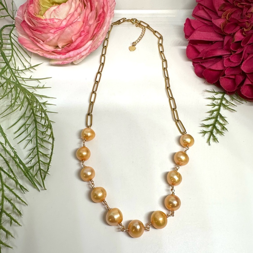 NEW⚜️Freshwater Peach Pearls Chain Beaded Necklace - Picture 2 of 6